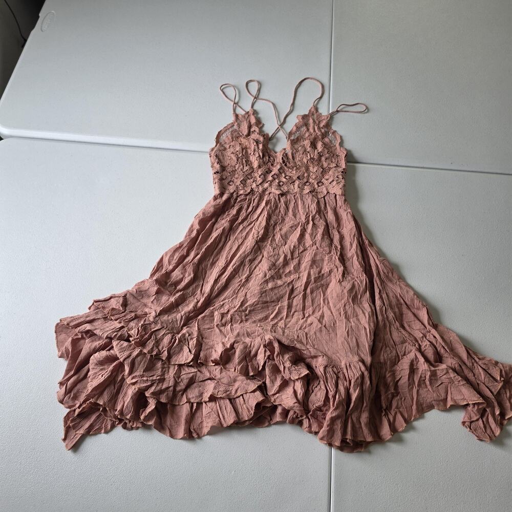 FP One Adella Dress Womens S Pink Lace Smocked Ruffle Hem Sundress Boho Festival